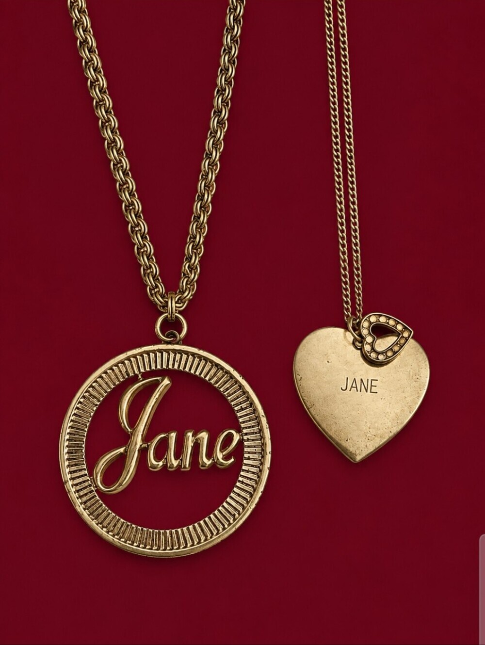 Vintage 1970s Personalized Jane Name Circle Heart Pendant Necklace Set